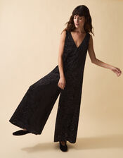 Clemence Gigi Velvet Burnout Palazzo Jumpsuit, Black (BLACK), large