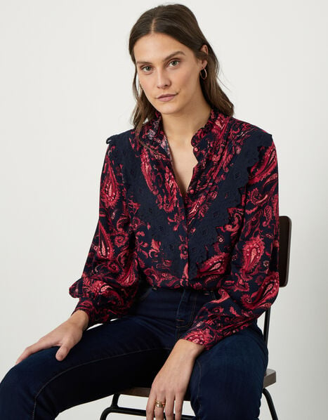 Lace Trim Paisley Print Blouse Red, Red (RED), large