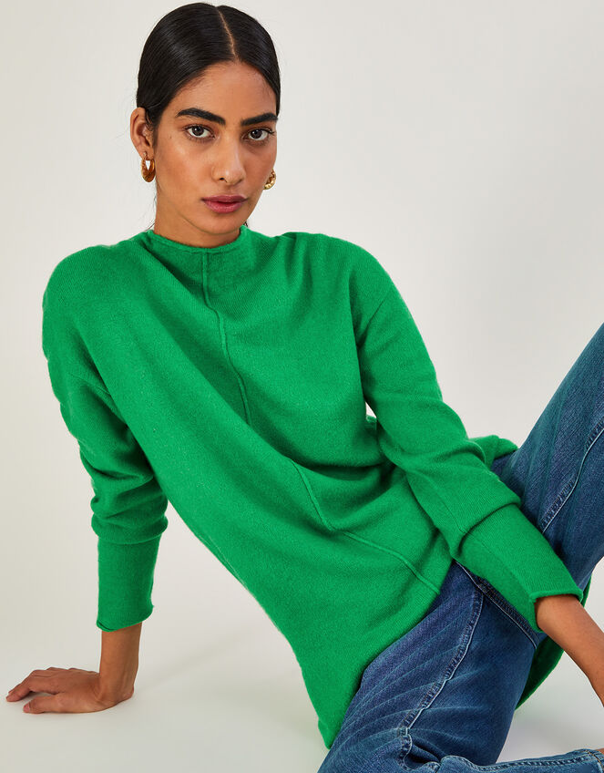 High Neck Longline Jumper with Recycled Polyester, Green (GREEN), large