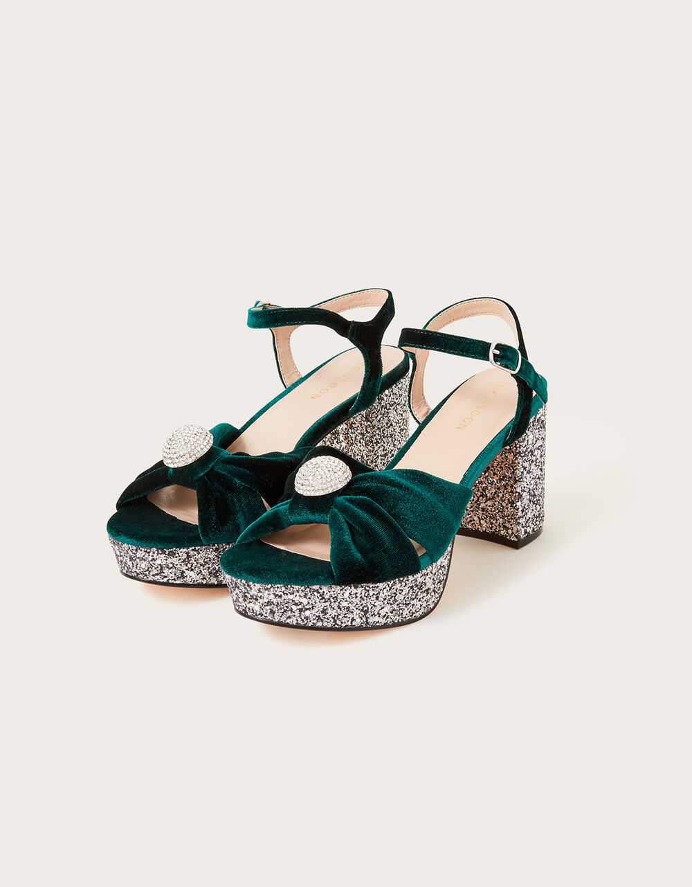 Velvet Glitter Platform Sandals Green Occasion Shoes Monsoon UK.