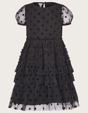Spot Flock Mesh Tier Dress, Black (BLACK), large