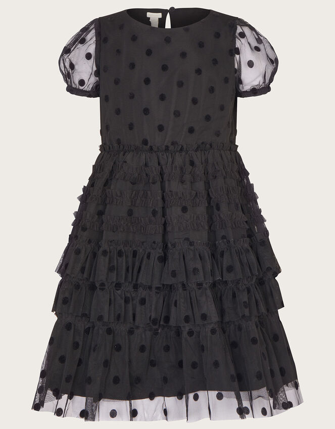 Spot Flock Mesh Tier Dress, Black (BLACK), large