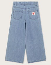 Heart Embroidered Wide Leg Jeans, Blue (BLUE), large