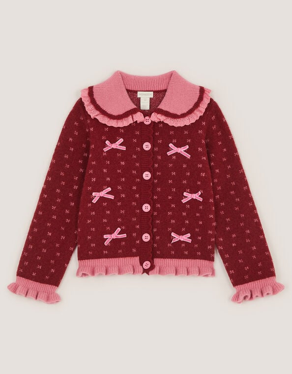 Frill Collar Bow Cardigan, Red (BURGUNDY), large