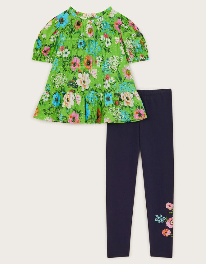 Floral Tiered Blouse and Leggings Set, Green (GREEN), large