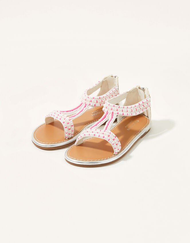 Fluorescent and Pearl Beaded Sandals, Pink (PINK), large