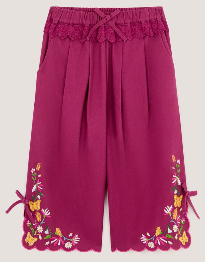 Floral Embroidered Scallop Trim Trousers, Pink (MAGENTA), large