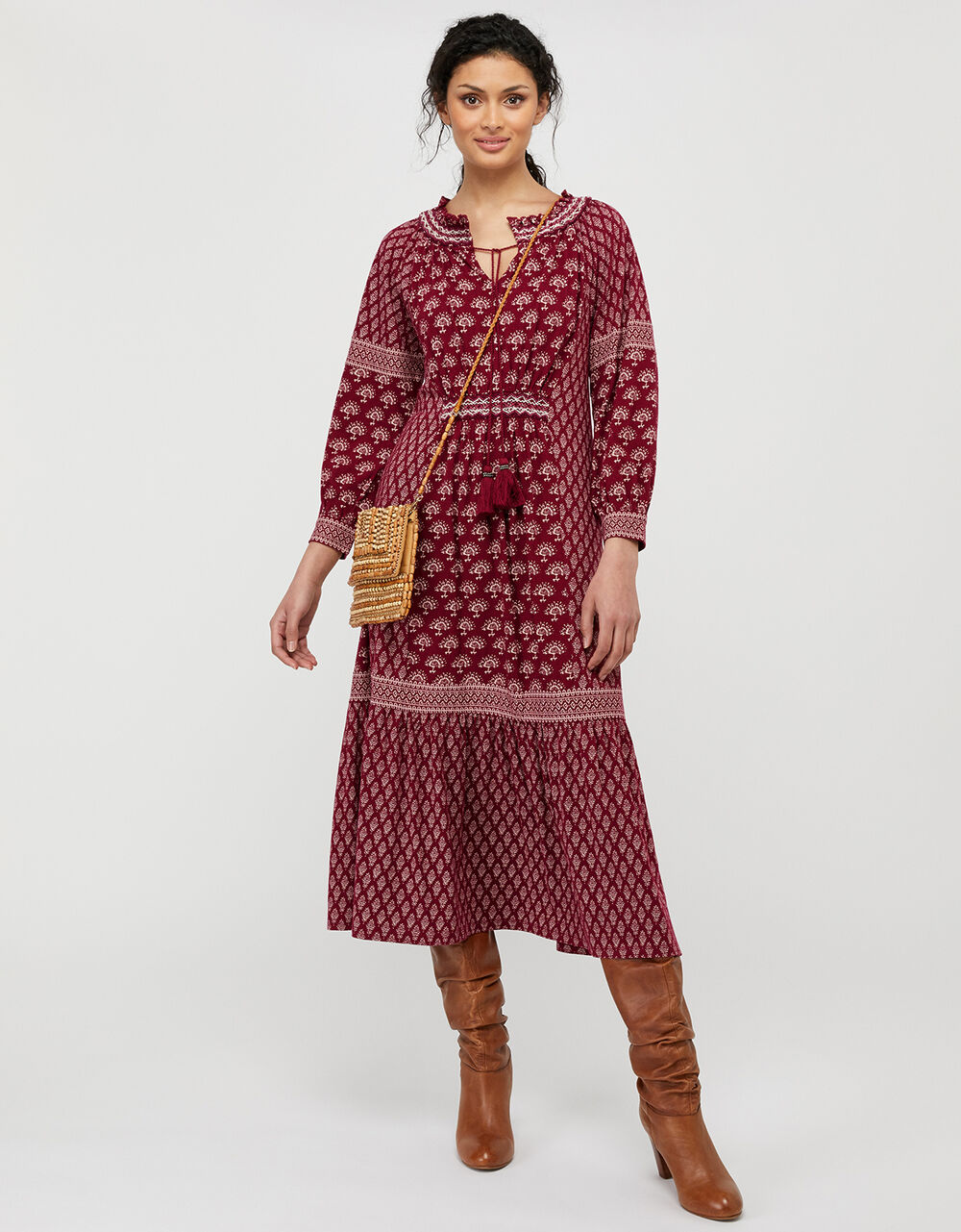 Heshna Printed Midi Dress with Linen and Organic Cotton, Red (BERRY), large