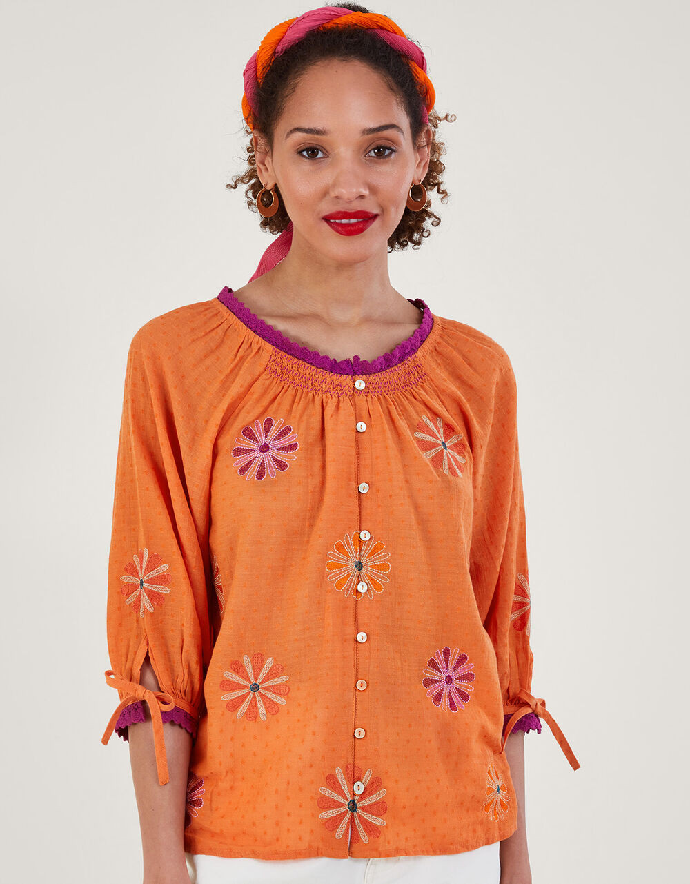 Floral Embroidered Button-Through Top Orange | Tops & T-shirts ...