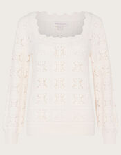 Square Neck Cotton Pointelle Jumper, Ivory (IVORY), large