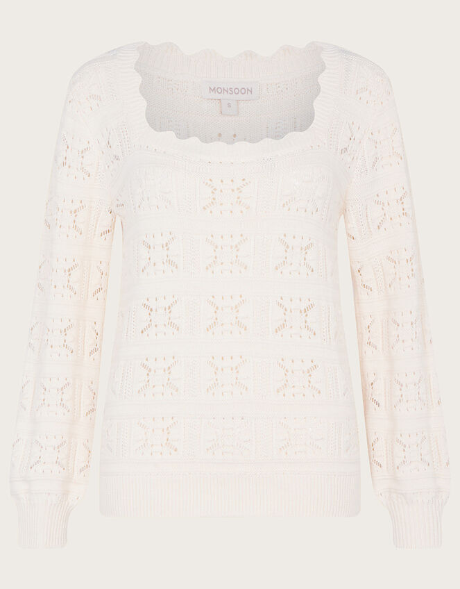 Square Neck Cotton Pointelle Jumper, Ivory (IVORY), large