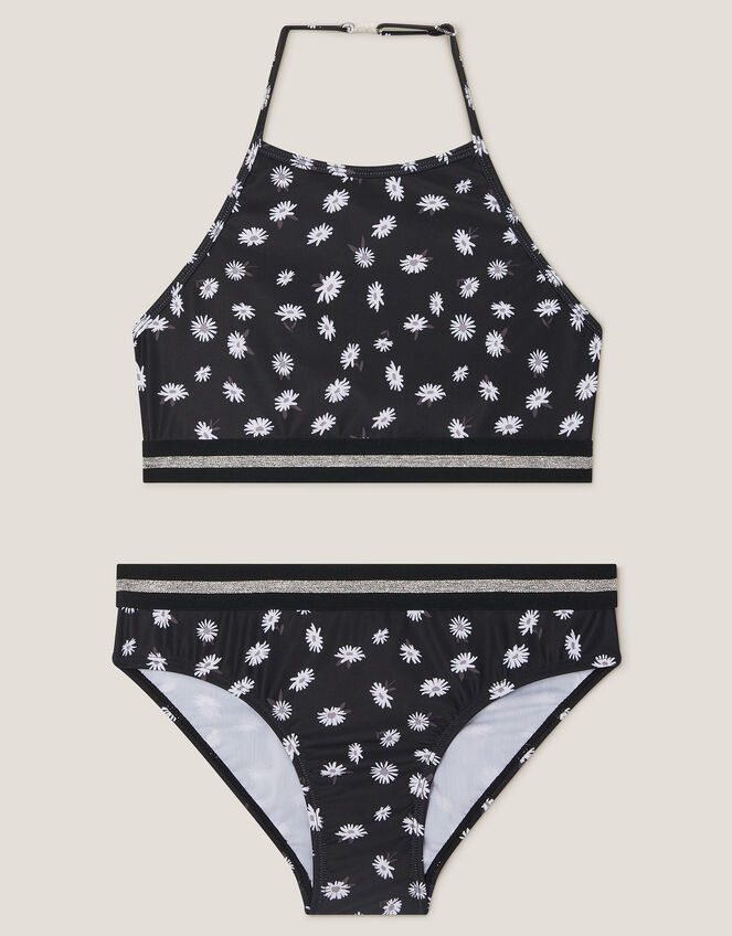 Daisy Print Halter Bikini Set, Black (BLACK), large
