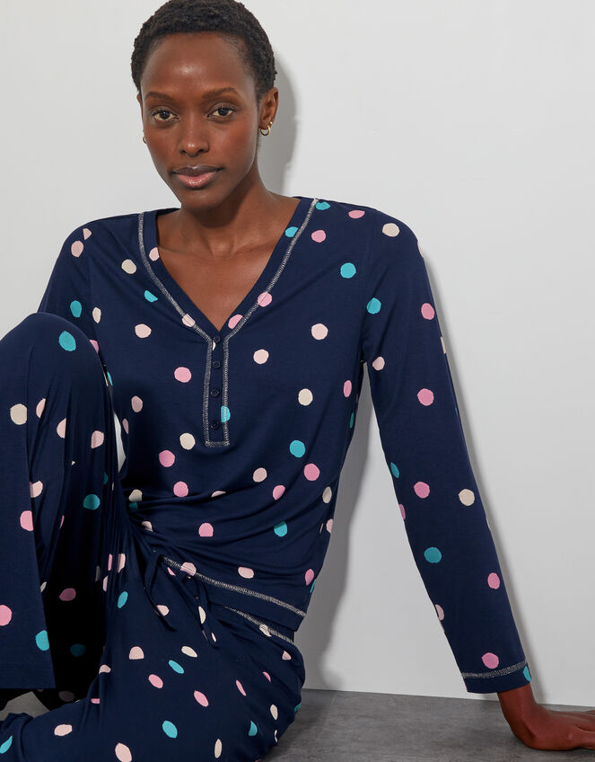 Sabrina Spot Long Pyjamas Set, Blue (NAVY), large
