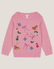 Embellished Fuzzy Christmas Jumper, Pink (PINK), large