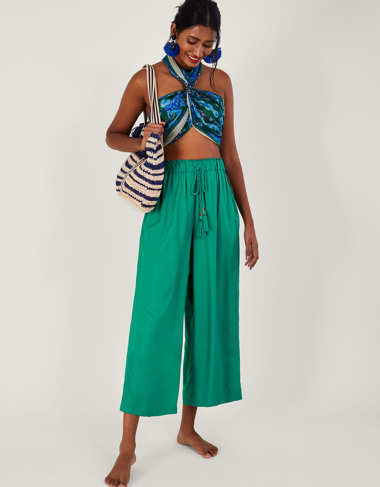 Plain Wide Leg Trim Trousers in LENZING ECOVERO Blue Sarongs