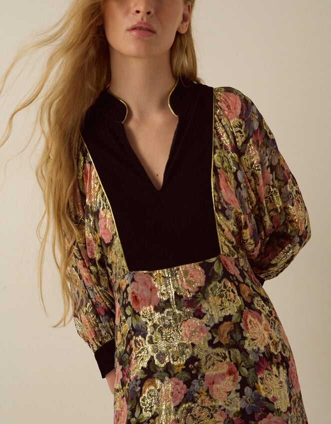 Monsoon x Queens of Archive Patti Velvet Bib Metallic Floral Jacquard Maxi Dress​, Black (BLACK), large