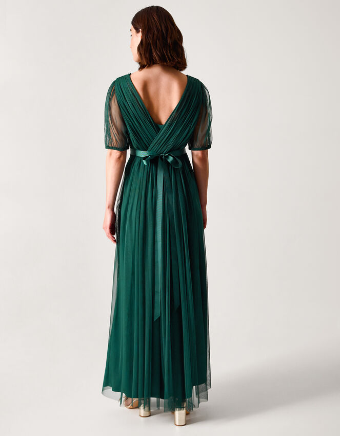 Ellie Sheer Sleeve Plunge Tulle Maxi Dress, Green (DARK GREEN), large