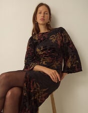 Dora Long Sleeve Floral Devor&eacute; Midi Dress, Black (BLACK), large