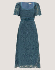 Regina Short Sleeve Lace Midi Dress, Blue (PETROL), large
