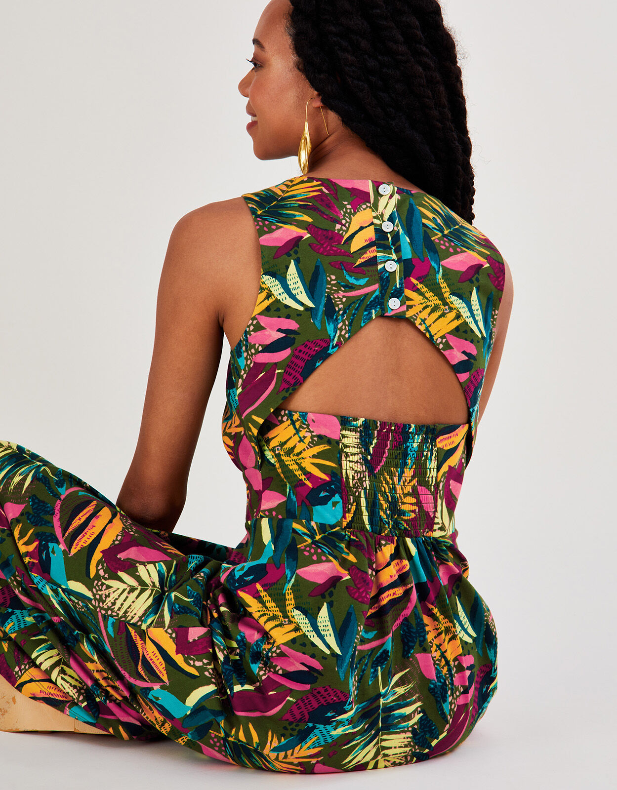 Cut Out Back Palm Jersey Dress Green
