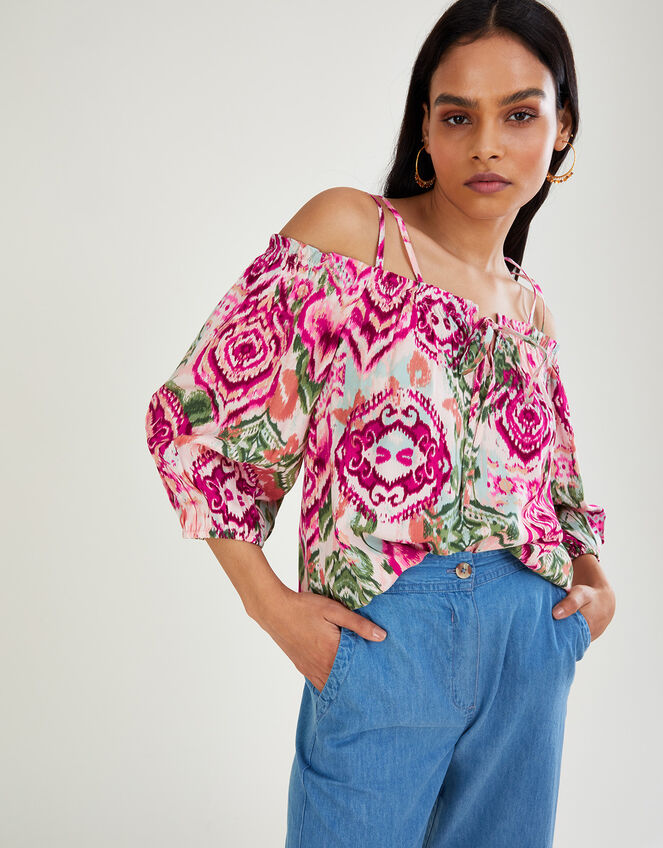 Bardot Ikat Print Top in LENZING™ ECOVERO™ Pink