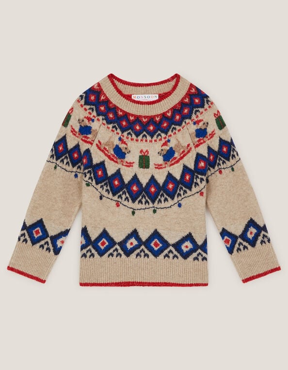 Christmas Snow Dog Fair Isle Jumper, Cream (CREAM), large