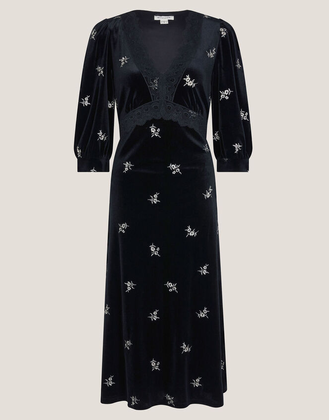 Erin Floral Lace Velvet Midi Dress, Black (BLACK), large