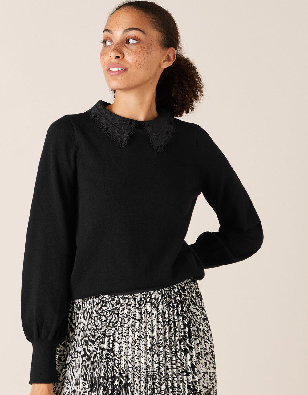 Lace Collar Jumper with Recycled Fabric Black Jumpers Monsoon UK.