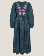 Bria Embroidered Long Sleeve Midi Dress, Blue (BLUE), large