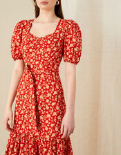 Floral Print Tiered Midi Dress , Red (RED), large