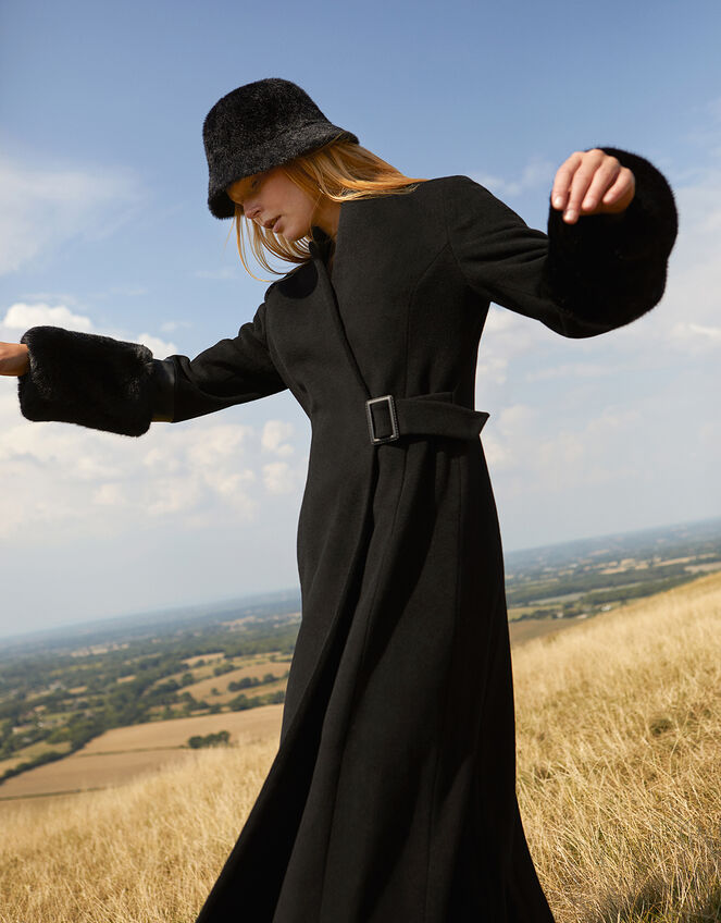 Faux Fur Cuff Maxi Coat in Wool Blend, Black (BLACK), large