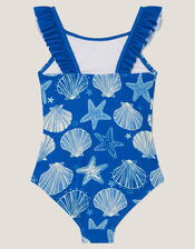 Starfish & Shell Print Frill Swimsuit, Blue (NAVY), large