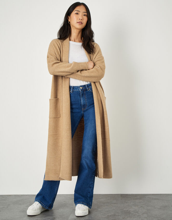 Longline Cardigan with Recycled Polyester, Camel (CAMEL), large