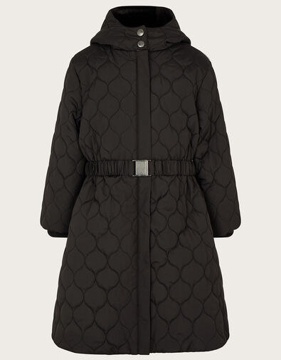 Quilted Belted Longline Coat with Hood, Black (BLACK), large