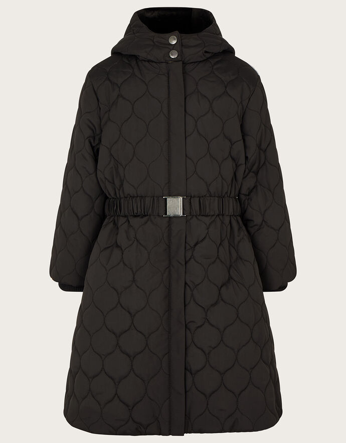 Longline Quilted Coat with Hood Black Girls' Coats & Jackets