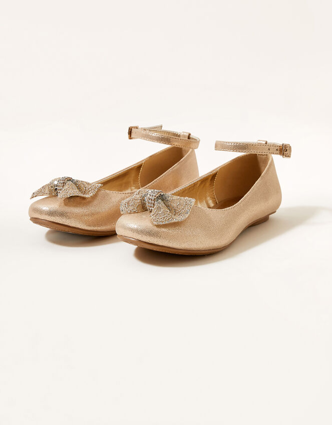 Dawn Lace Diamante Bow Ballerina Flats, Gold (GOLD), large