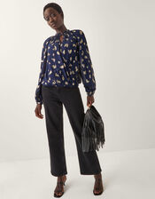 Angela Leaf Print Wrap Blouse, Blue (NAVY), large