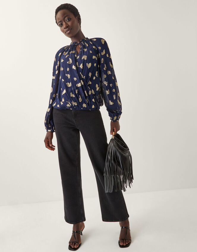 Angela Leaf Print Wrap Blouse, Blue (NAVY), large