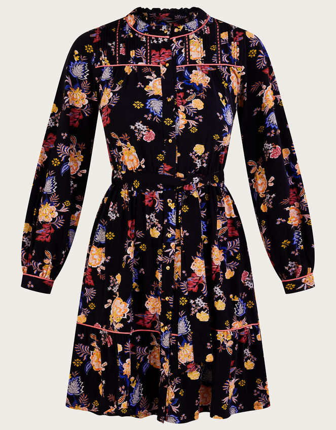 Floral Print Belted Jersey Dress, Black (BLACK), large