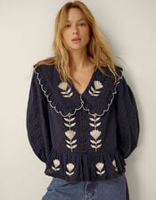 Talia Oversized Collar Tulip Top, Blue (NAVY), large