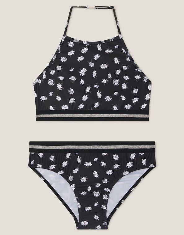 Daisy Print Halter Bikini Set, Black (BLACK), large