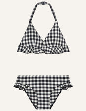 Triangle Gingham Bikini in Recycled Polyester, Black (BLACK), large