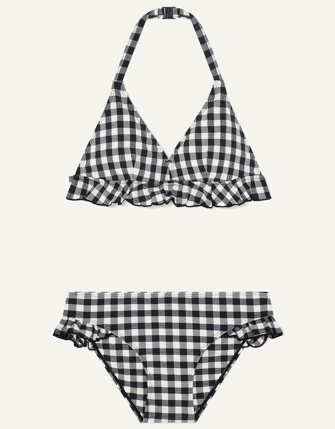 Triangle Gingham Bikini in Recycled Polyester, Black (BLACK), large