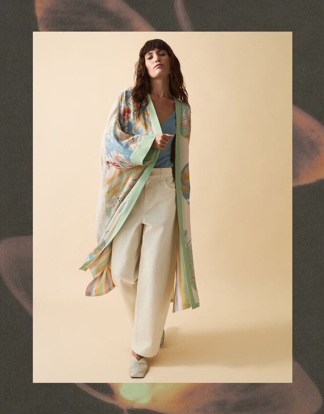 Clemence Amelie Floral Long Kimono Cream