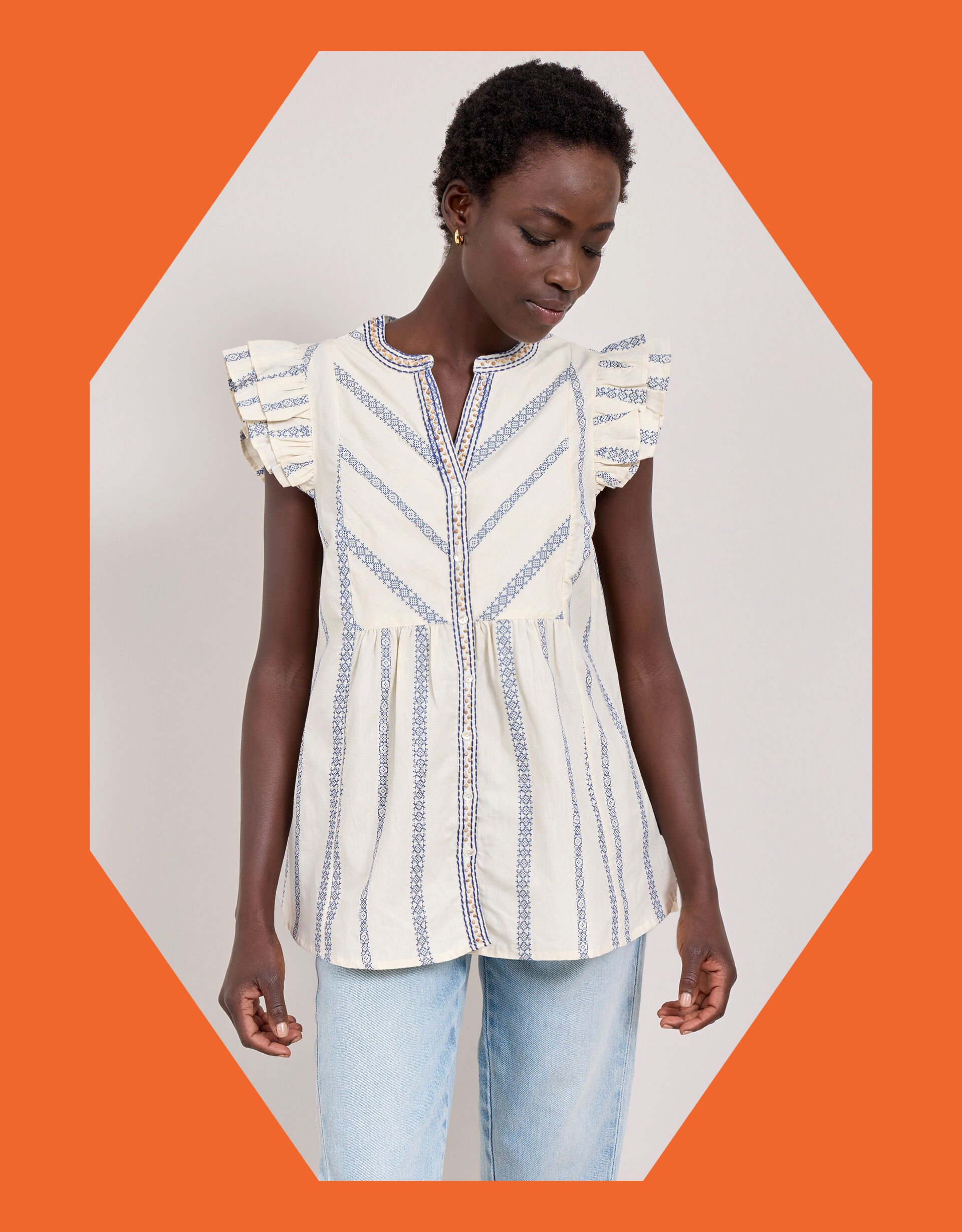 East Corrine Frill Stripe Top White