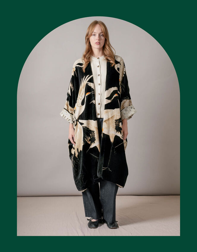 One Hundred Stars Velvet Stork Print Kimono, , large