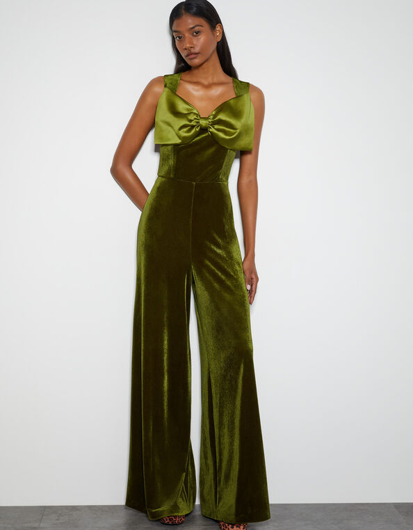 Monsoon x Sarah Corbett-Winder Satin Bow Velvet Jumpsuit, Green (GREEN), large