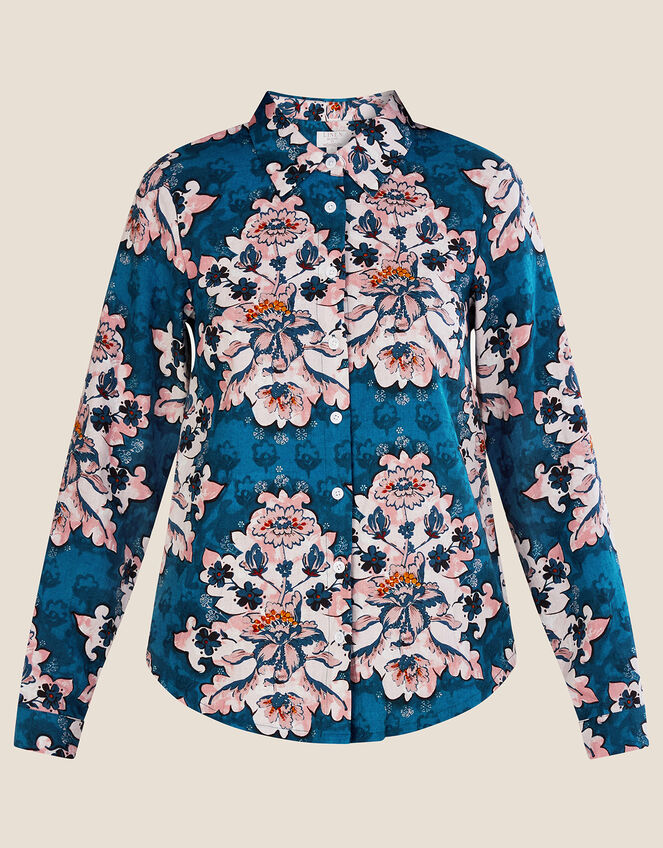 Mackenzie Print Shirt in Linen Blend, Teal (TEAL), large