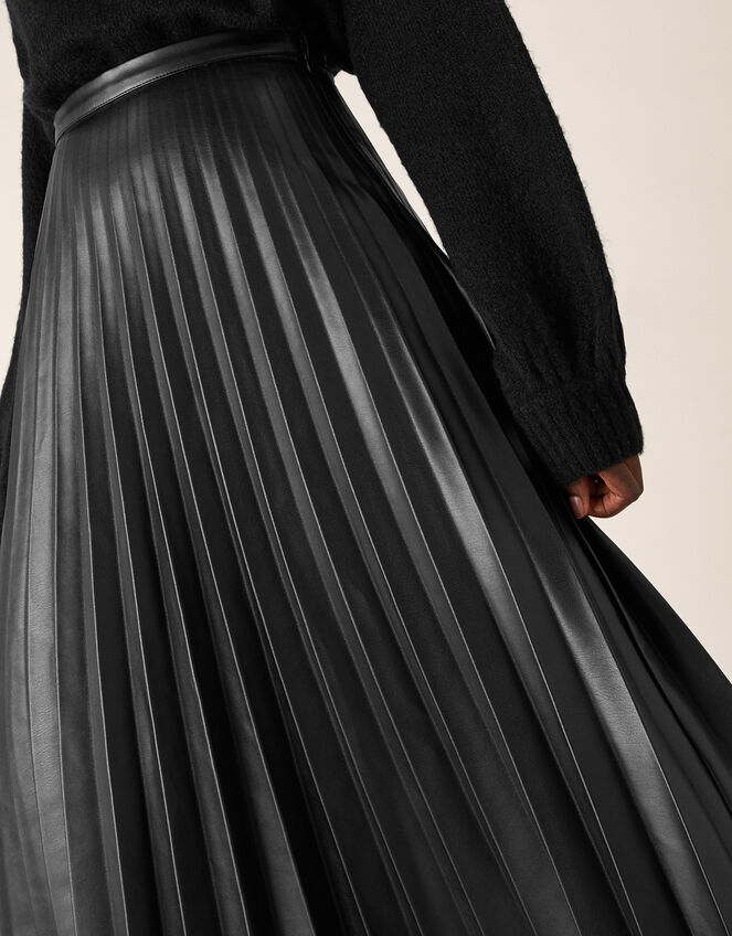 Pleated Leather-Look Midi Skirt, Black (BLACK), large