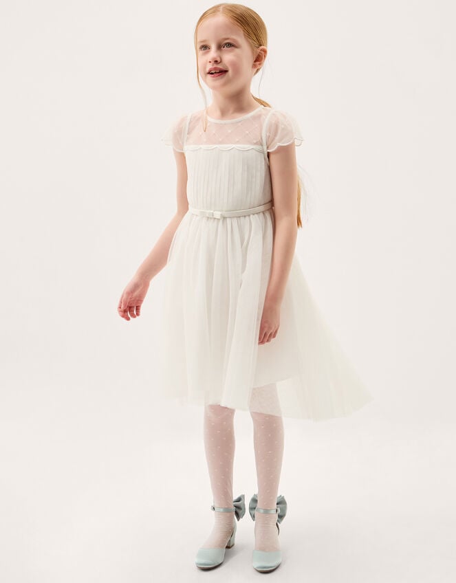 Gracia Embroidered Yoke Tulle Dress, Ivory (IVORY), large